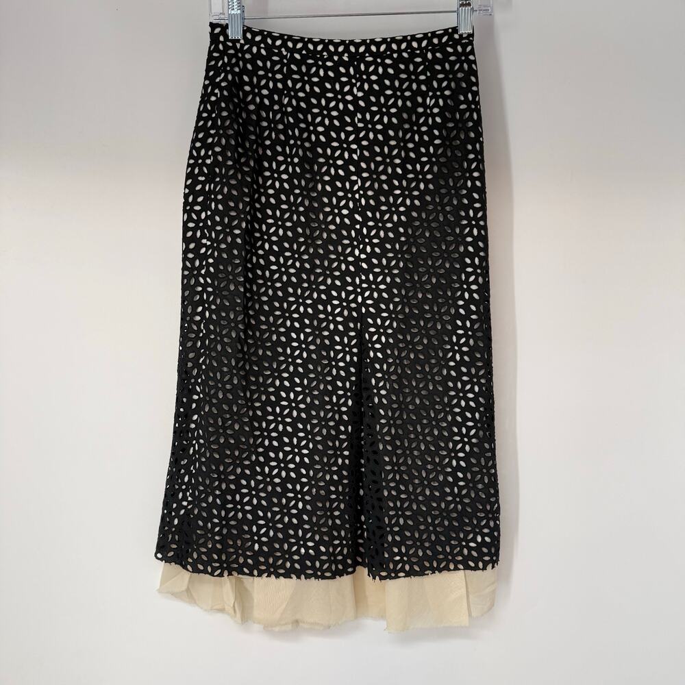 Derek Lam Eyelet A-Line Midi Skirt Womens Size 2 Black Ivory Floral Italy